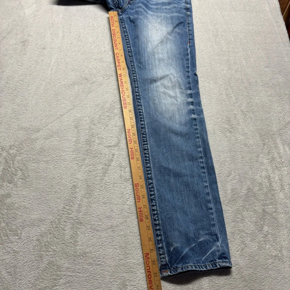True‎ Religion Slim Fit Blue Denim Jeans Mens 31x33 Flap Pockets Whiskering Fade